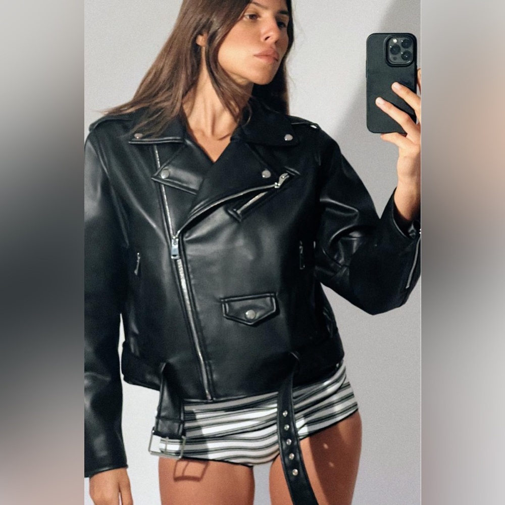 Zara vegan leather black belted biker jacket sz. XS